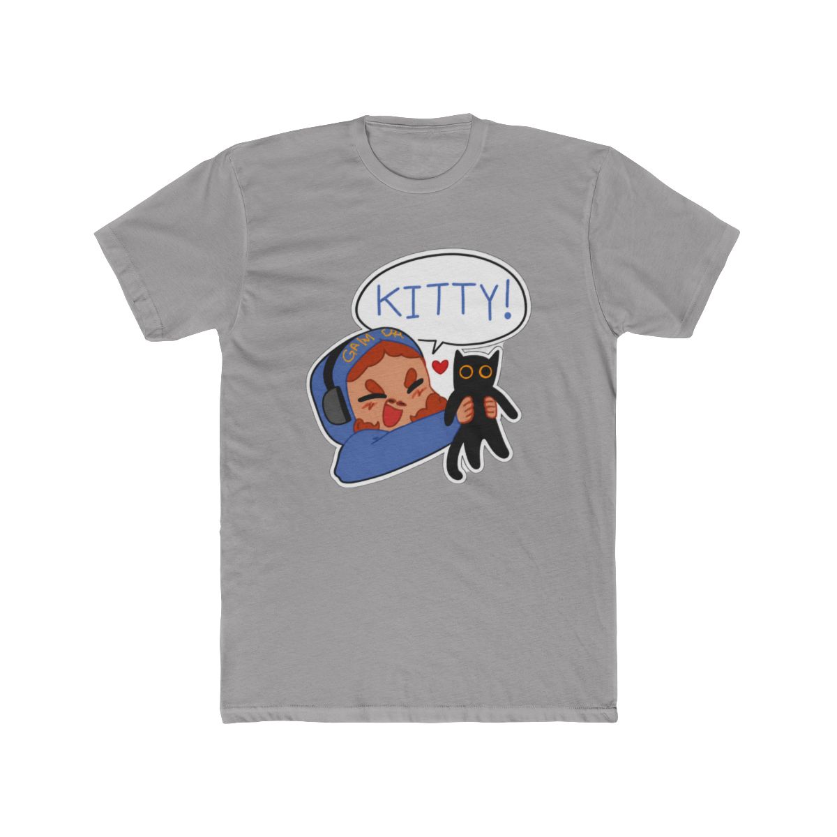 Black T Shirt featuring a cartoon illustration of a person wearing headphones and holding a black cat. A speech bubble above the person says "KITTY!". The text "STYLE #1" is at the bottom of the shirt - alternate angle 4, merchandise