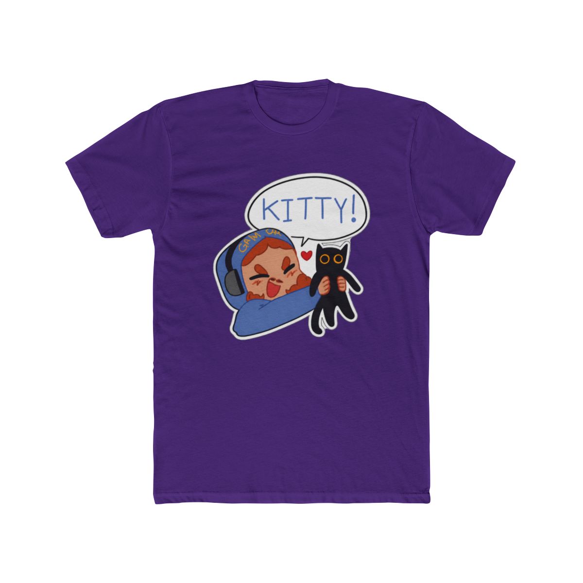 Black T Shirt featuring a cartoon illustration of a person wearing headphones and holding a black cat. A speech bubble above the person says "KITTY!". The text "STYLE #1" is at the bottom of the shirt - alternate angle 2, merchandise