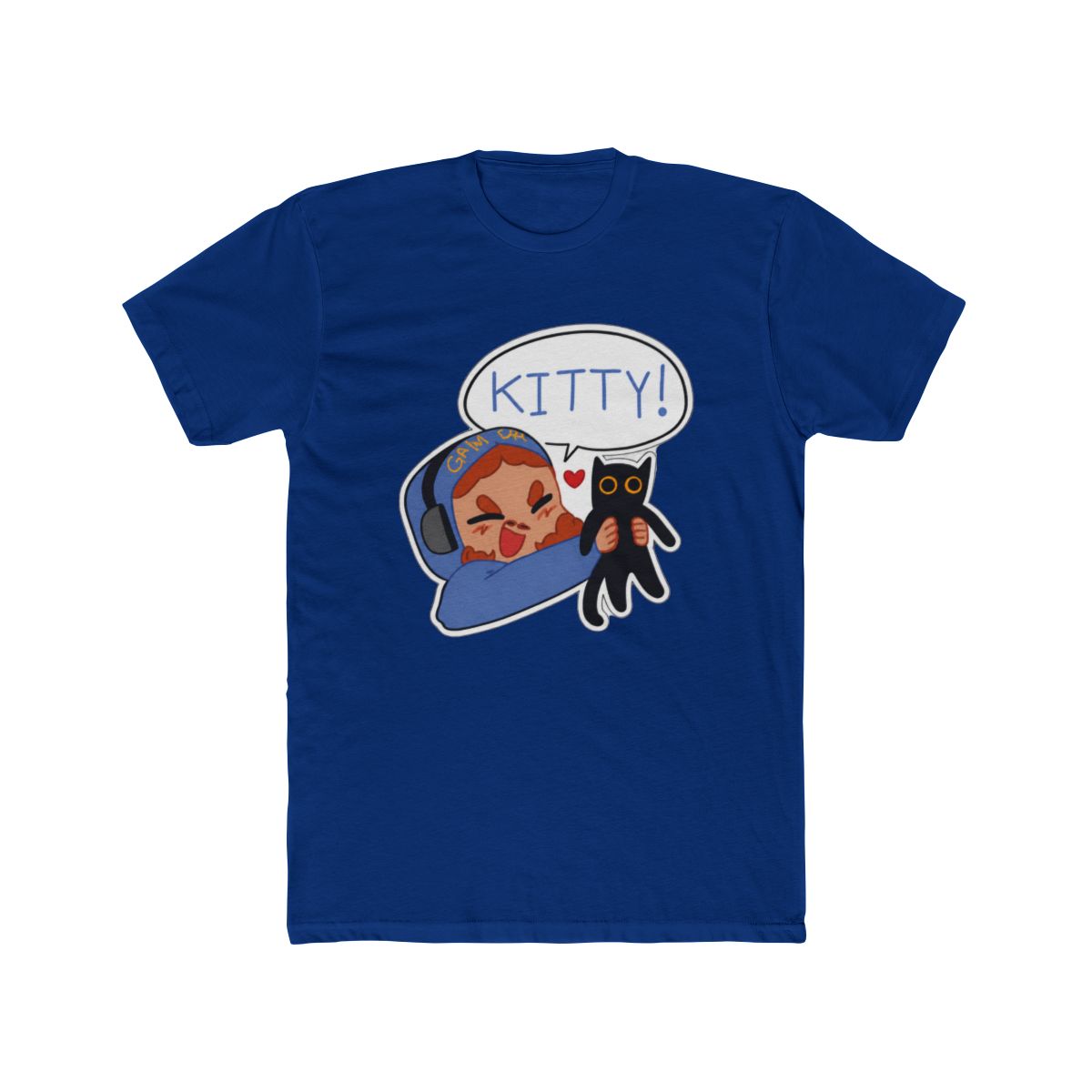 Black T Shirt featuring a cartoon illustration of a person wearing headphones and holding a black cat. A speech bubble above the person says "KITTY!". The text "STYLE #1" is at the bottom of the shirt - CaseOh official T-Shirts merch