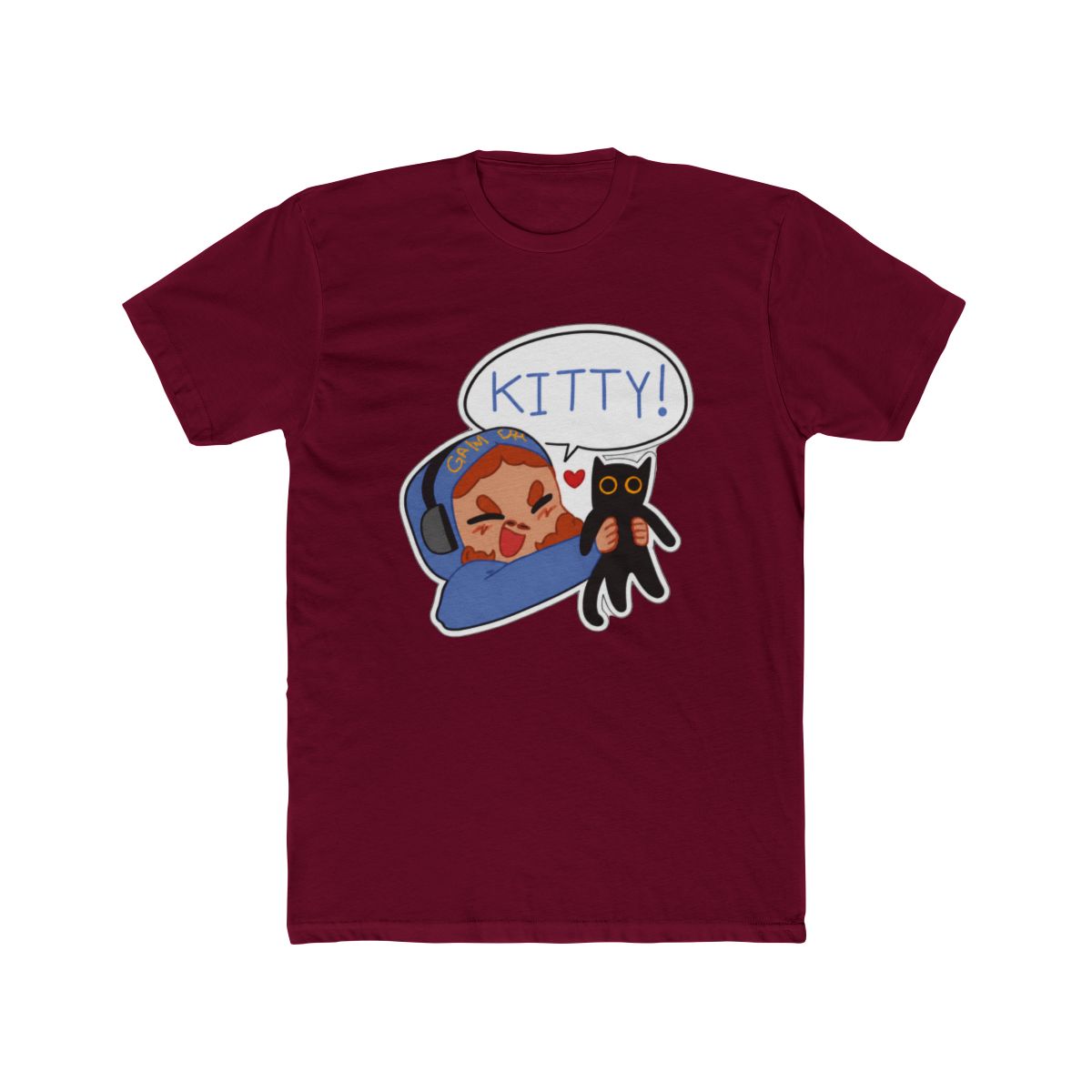 Black T Shirt featuring a cartoon illustration of a person wearing headphones and holding a black cat. A speech bubble above the person says "KITTY!". The text "STYLE #1" is at the bottom of the shirt - alternate angle 3, merchandise