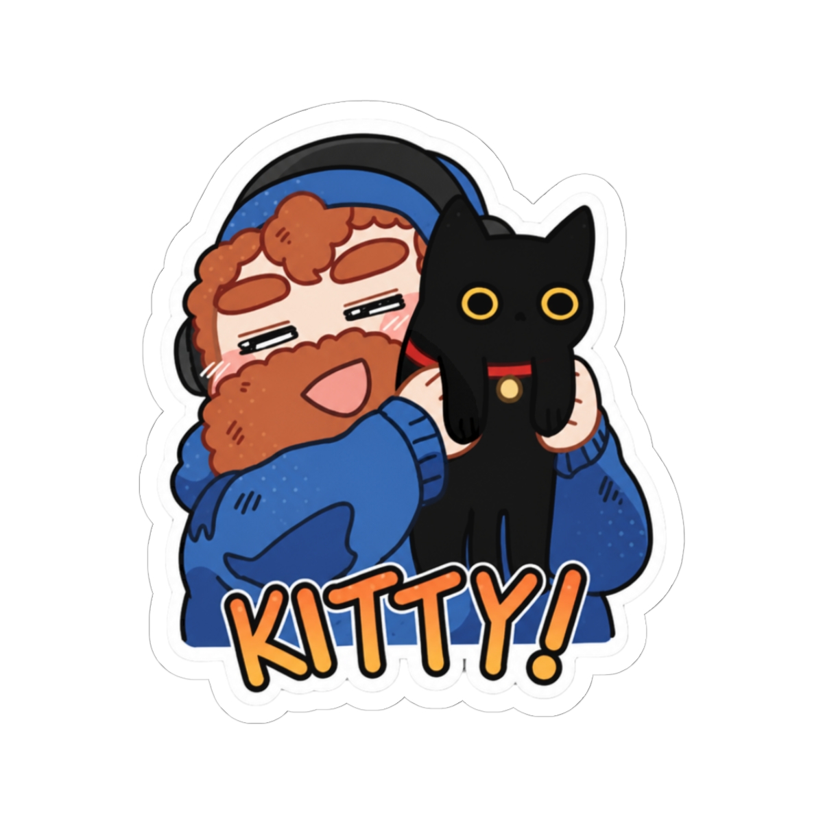 A sticker featuring a cartoon illustration of a person with a red beard and a blue jacket, holding a black cat. The cat has yellow eyes and a red collar. The word "KITTY!" is written in orange letters