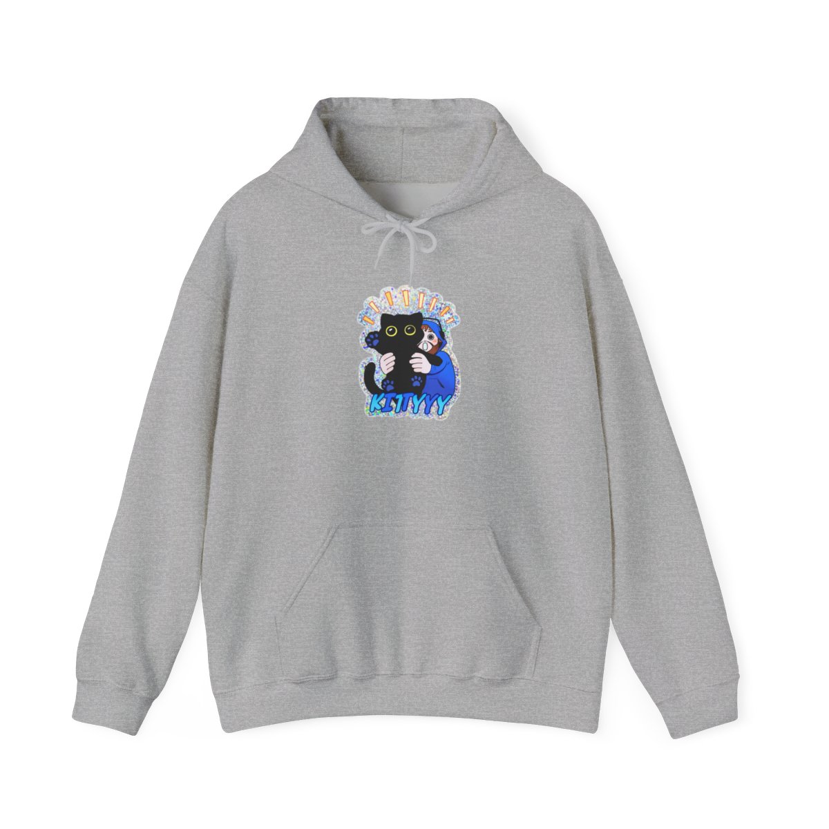 A holographic featuring a black cat being hugged by a person in a blue hoodie. The cat has yellow eyes and blue paw prints. The word "KITTYYY" is written in blue at the bottom