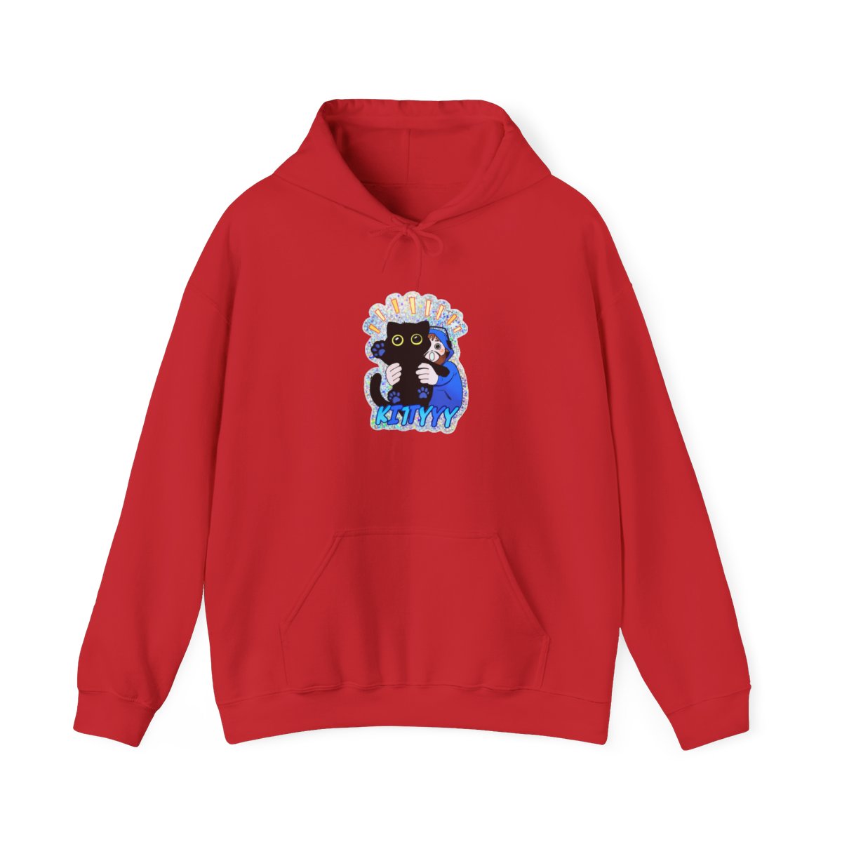 A holographic featuring a black cat being hugged by a person in a blue hoodie. The cat has yellow eyes and blue paw prints. The word "KITTYYY" is written in blue at the bottom - CaseOh official Hoodies merch